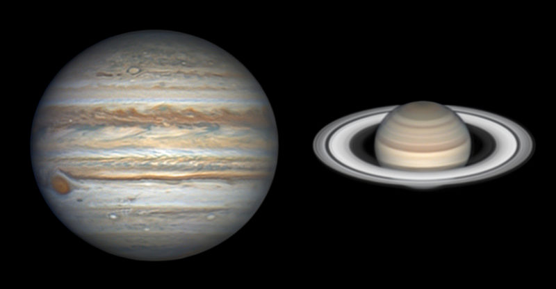 Júpiter (à direita) e Saturno (à esquerda). Foto: Jean-Luc Dauvergne/NASA